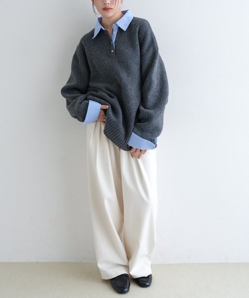 evernavy(エバーネイビー)の「ウール混タックワイドパンツ(裏地付き)(その他パンツ・レディース・オフホワイト・M/S/L)」の2枚目の写真