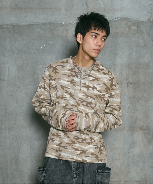 ILL'S(イルズ)の「HENLEY CAMO WAFFLE LONG-SLEEVE TEE / カモ総柄ヘンリーネックサーマルロンT ワッフル ミリタリー メンズ レディース ユニセックス(Tシャツ/カットソー・メンズ・ベージュ/チャコールグレー/カーキ・L/M)」の3枚目の写真