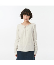 SHIRRING COLOR BLOCK LONG SLEEVE, FLORAL OATMEAL