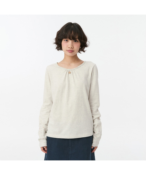 OHESHIO(オヘシオ)の「SHIRRING COLOR BLOCK LONG SLEEVE, FLORAL OATMEAL(Tシャツ/カットソー・レディース・その他・FREE)」の1枚目の写真