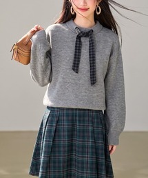 チェックリボン襟付きニットプルオーバー