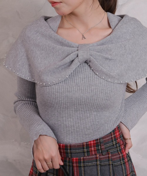 pumpkin port(パンプキンポート)の「リボンネック パール使い リブカットソートップス(Tシャツ/カットソー・レディース・ピンク/グレー/ワインレッド/ブラック/アイボリー・M)」の3枚目の写真