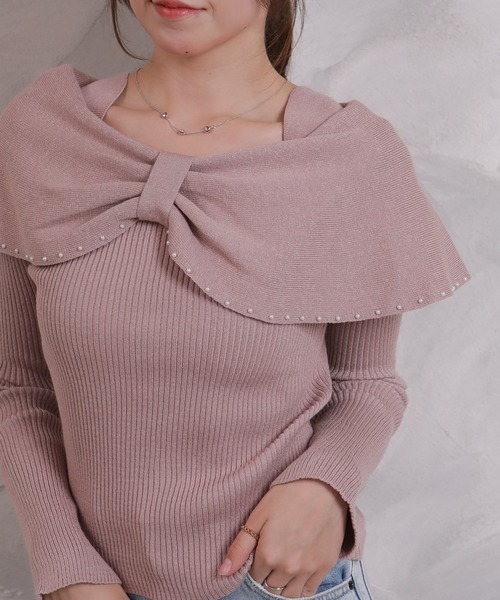 pumpkin port(パンプキンポート)の「リボンネック パール使い リブカットソートップス(Tシャツ/カットソー・レディース・ピンク/グレー/ワインレッド/ブラック/アイボリー・M)」の4枚目の写真
