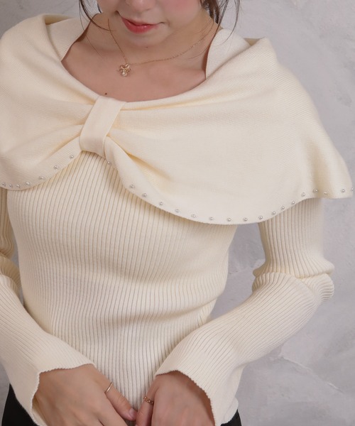 pumpkin port(パンプキンポート)の「リボンネック パール使い リブカットソートップス(Tシャツ/カットソー・レディース・ピンク/グレー/ワインレッド/ブラック/アイボリー・M)」の2枚目の写真