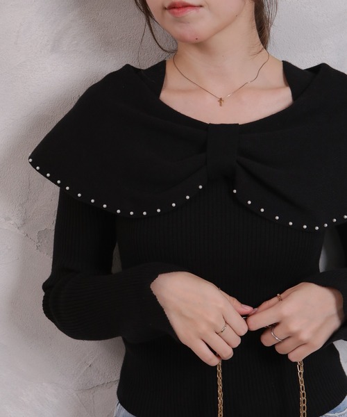 pumpkin port(パンプキンポート)の「リボンネック パール使い リブカットソートップス(Tシャツ/カットソー・レディース・ピンク/グレー/ワインレッド/ブラック/アイボリー・M)」の1枚目の写真
