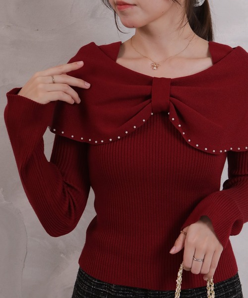 pumpkin port(パンプキンポート)の「リボンネック パール使い リブカットソートップス(Tシャツ/カットソー・レディース・ピンク/グレー/ワインレッド/ブラック/アイボリー・M)」の12枚目の写真