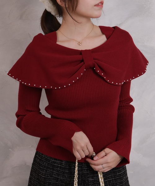 pumpkin port(パンプキンポート)の「リボンネック パール使い リブカットソートップス(Tシャツ/カットソー・レディース・ピンク/グレー/ワインレッド/ブラック/アイボリー・M)」の14枚目の写真