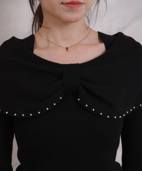pumpkin port(パンプキンポート)の「リボンネック パール使い リブカットソートップス(Tシャツ/カットソー・レディース・ピンク/グレー/ワインレッド/ブラック/アイボリー・M)」の7枚目の写真
