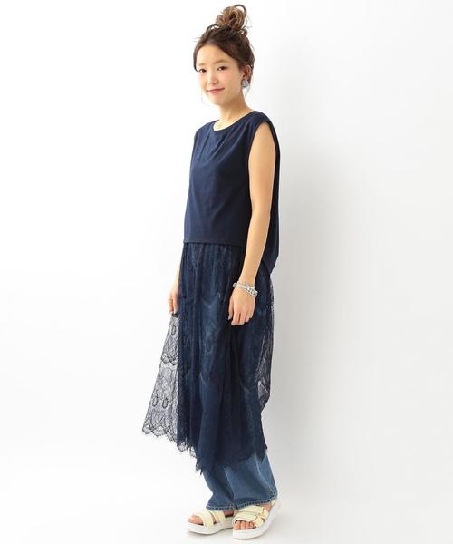 Another Edition（アナザーエディション）の「レースキャミワンピース＆ノースリーブTシャツ/AEMBC レースキャミOP＆NSL TEE◆（Tシャツ/カットソー・レディース・ホワイト/ネイビー・FREE）」の2枚目の写真