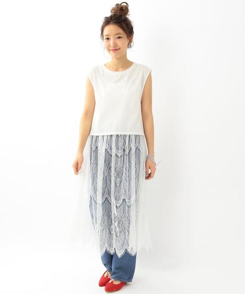 Another Edition（アナザーエディション）の「レースキャミワンピース＆ノースリーブTシャツ/AEMBC レースキャミOP＆NSL TEE◆（Tシャツ/カットソー・レディース・ホワイト/ネイビー・FREE）」の4枚目の写真