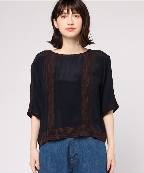 Khaju（カージュ）の「Khaju:バイカラーエンブロイダリーリボンブラウス（シャツ/ブラウス・レディース・ネイビー/レンガ・ONE SIZE）」の10枚目の写真