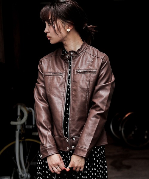 Fashion Letter(ファッションレター)の「レザーシングルライダースジャケット(ライダースジャケット・レディース・ブラウン/キャメル/ブラック/ベージュ/カーキ/アッシュグレー/ピンク/マスタード/ライトベージュ/ブルー/モカ/アイボリー/ラベンダー/ミント・M/L/LL/3L)」の4枚目の写真