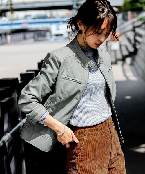 Fashion Letter(ファッションレター)の「レザーシングルライダースジャケット(ライダースジャケット・レディース・ブラウン/キャメル/ブラック/ベージュ/カーキ/アッシュグレー/ピンク/マスタード/ライトベージュ/ブルー/モカ/アイボリー/ラベンダー/ミント・M/L/LL/3L)」の9枚目の写真