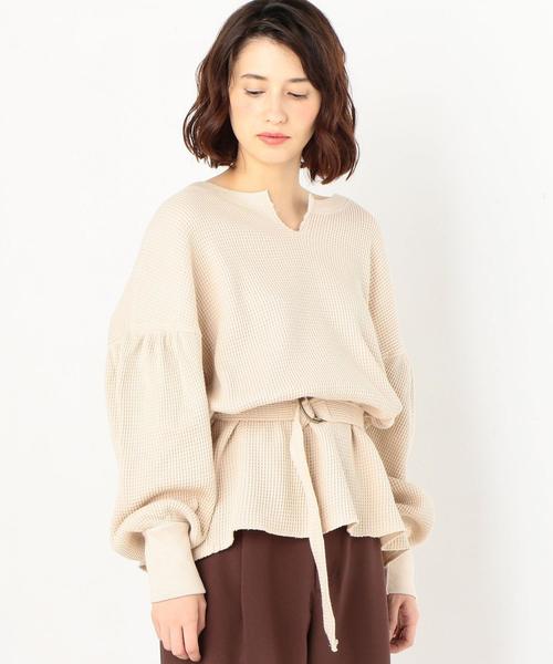 Another Edition（アナザーエディション）の「ワッフルキーネックベルト付PO（Tシャツ/カットソー・レディース・ナチュラル/ブラウン/ピンク・FREE）」の3枚目の写真