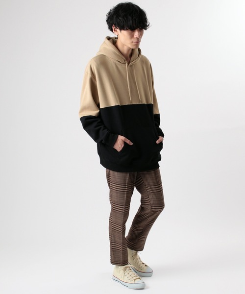 セール】切替配色プルオーバーパーカー/バイカラーパーカー/フーディー