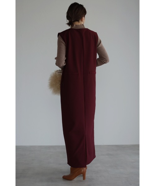 セール】Vネックロングジャンスカ/ポケット付き（ジャンパースカート