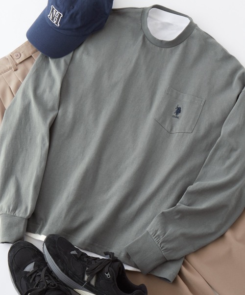 U.S. POLO ASSN.（ユーエスポロアッスン）の「U.S. POLO ASSN. / ユーエスポロアッスン 別注 ビッグシルエット ロゴ刺繍 ポケットロングTシャツ（Tシャツ/カットソー・メンズ・ラベンダー/ベージュ/ブラック/オリーブ/サックスブルー/ネイビー/ホワイト/ライトグリーン/スモーキーグリーン系1/ワインレッド/ブルーグレー/ダークグリーン/ブラウン/ライトイエロー/オレンジ/ホワイト×ブラック/ダークグレー・L/M/S/XL）」の11枚目の写真
