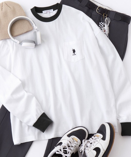 U.S. POLO ASSN.（ユーエスポロアッスン）の「U.S. POLO ASSN. / ユーエスポロアッスン 別注 ビッグシルエット ロゴ刺繍 ポケットロングTシャツ（Tシャツ/カットソー・メンズ・ラベンダー/ベージュ/ブラック/オリーブ/サックスブルー/ネイビー/ホワイト/ライトグリーン/スモーキーグリーン系1/ワインレッド/ブルーグレー/ダークグリーン/ブラウン/ライトイエロー/オレンジ/ホワイト×ブラック/ダークグレー・L/M/S/XL）」の2枚目の写真