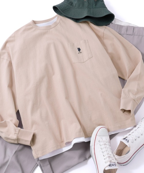 U.S. POLO ASSN.（ユーエスポロアッスン）の「U.S. POLO ASSN. / ユーエスポロアッスン 別注 ビッグシルエット ロゴ刺繍 ポケットロングTシャツ（Tシャツ/カットソー・メンズ・ラベンダー/ベージュ/ブラック/オリーブ/サックスブルー/ネイビー/ホワイト/ライトグリーン/スモーキーグリーン系1/ワインレッド/ブルーグレー/ダークグリーン/ブラウン/ライトイエロー/オレンジ/ホワイト×ブラック/ダークグレー・L/M/S/XL）」の7枚目の写真