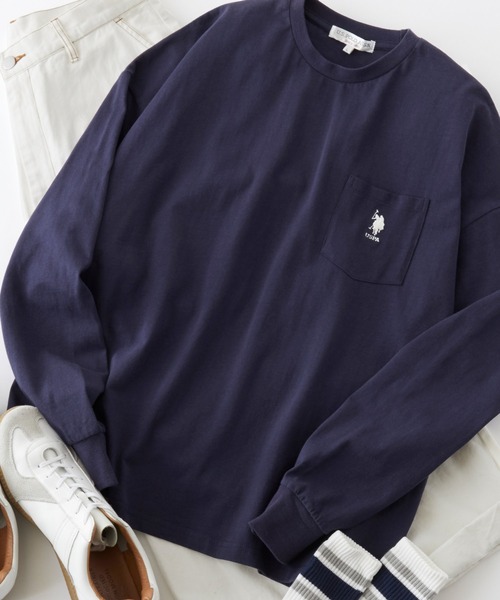 U.S. POLO ASSN.（ユーエスポロアッスン）の「U.S. POLO ASSN. / ユーエスポロアッスン 別注 ビッグシルエット ロゴ刺繍 ポケットロングTシャツ（Tシャツ/カットソー・メンズ・ラベンダー/ベージュ/ブラック/オリーブ/サックスブルー/ネイビー/ホワイト/ライトグリーン/スモーキーグリーン系1/ワインレッド/ブルーグレー/ダークグリーン/ブラウン/ライトイエロー/オレンジ/ホワイト×ブラック/ダークグレー・L/M/S/XL）」の12枚目の写真