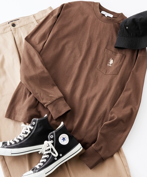 U.S. POLO ASSN.（ユーエスポロアッスン）の「U.S. POLO ASSN. / ユーエスポロアッスン 別注 ビッグシルエット ロゴ刺繍 ポケットロングTシャツ（Tシャツ/カットソー・メンズ・ラベンダー/ベージュ/ブラック/オリーブ/サックスブルー/ネイビー/ホワイト/ライトグリーン/スモーキーグリーン系1/ワインレッド/ブルーグレー/ダークグリーン/ブラウン/ライトイエロー/オレンジ/ホワイト×ブラック/ダークグレー・L/M/S/XL）」の6枚目の写真