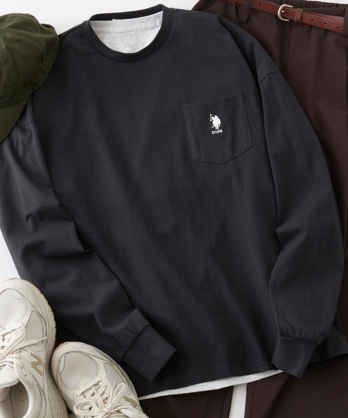 U.S. POLO ASSN.（ユーエスポロアッスン）の「U.S. POLO ASSN. / ユーエスポロアッスン 別注 ビッグシルエット ロゴ刺繍 ポケットロングTシャツ（Tシャツ/カットソー・メンズ・ラベンダー/ベージュ/ブラック/オリーブ/サックスブルー/ネイビー/ホワイト/ライトグリーン/スモーキーグリーン系1/ワインレッド/ブルーグレー/ダークグリーン/ブラウン/ライトイエロー/オレンジ/ホワイト×ブラック/ダークグレー・L/M/S/XL）」の3枚目の写真