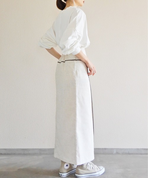 y/m by Yukie（イムバイユキエ）の「リネンライクパイピングラップスカート（スカート・レディース・ベージュ/オフホワイト・FREE）」の18枚目の写真