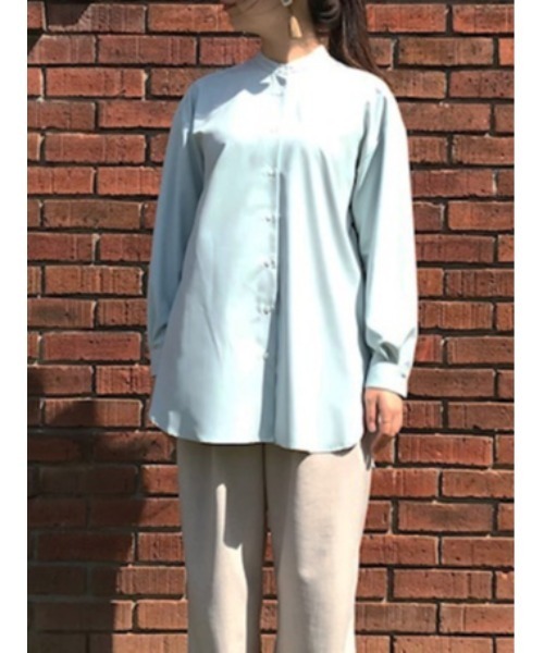 SUIT SELECT（スーツセレクト）の「チュニック丈・バンドカラーロングテールシャツ（シャツ/ブラウス・レディース・ブラック/ベージュ/モカ/ライトグレー/オフホワイト/ネイビー/ミント/ピンクベージュ・FREE）」の6枚目の写真