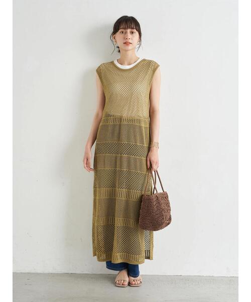 earth music&ecology(アースミュージックアンドエコロジー)の「メッシュニットロングワンピース *(ワンピース・レディース・その他8/カーキ/ベージュ・FREE)」の8枚目の写真