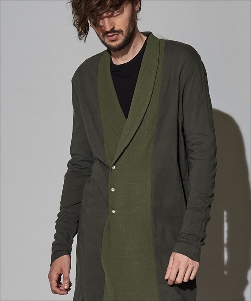 NO ID.(ノーアイディ)の「【NO ID.】Shawl Collar Switching Double Breasted Gown / ショール カラー 切替 ダブル ブレスト ガウン(カーディガン/ボレロ・メンズ・カーキ/ブラック・1/2)」の1枚目の写真
