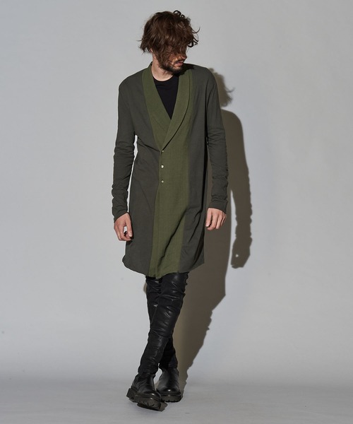 NO ID.(ノーアイディ)の「【NO ID.】Shawl Collar Switching Double Breasted Gown / ショール カラー 切替 ダブル ブレスト ガウン(カーディガン/ボレロ・メンズ・カーキ/ブラック・1/2)」の10枚目の写真