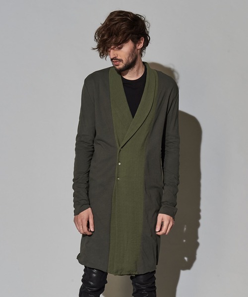 NO ID.(ノーアイディ)の「【NO ID.】Shawl Collar Switching Double Breasted Gown / ショール カラー 切替 ダブル ブレスト ガウン(カーディガン/ボレロ・メンズ・カーキ/ブラック・1/2)」の12枚目の写真