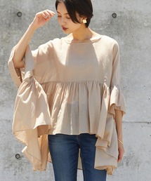 先染め綿麻シャンブレー ギャザーワイドブラウス