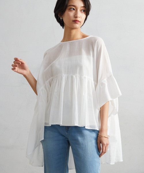 OMNES（オムネス）の「先染め綿麻シャンブレー ギャザーワイドブラウス（シャツ/ブラウス・レディース・ブラック/ベージュ/オフホワイト/ラベンダー・FREE）」の2枚目の写真