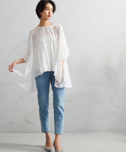 OMNES（オムネス）の「先染め綿麻シャンブレー ギャザーワイドブラウス（シャツ/ブラウス・レディース・ブラック/ベージュ/オフホワイト/ラベンダー・FREE）」の8枚目の写真