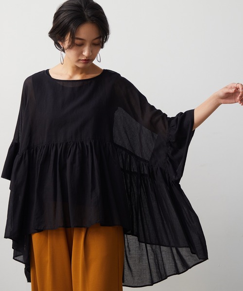 OMNES（オムネス）の「先染め綿麻シャンブレー ギャザーワイドブラウス（シャツ/ブラウス・レディース・ブラック/ベージュ/オフホワイト/ラベンダー・FREE）」の9枚目の写真