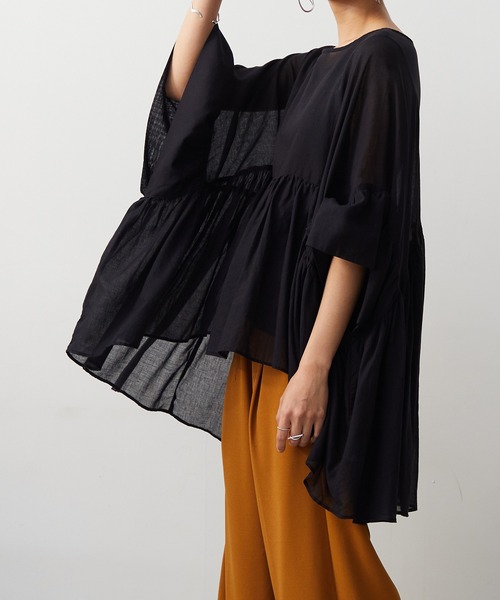 OMNES（オムネス）の「先染め綿麻シャンブレー ギャザーワイドブラウス（シャツ/ブラウス・レディース・ブラック/ベージュ/オフホワイト/ラベンダー・FREE）」の10枚目の写真