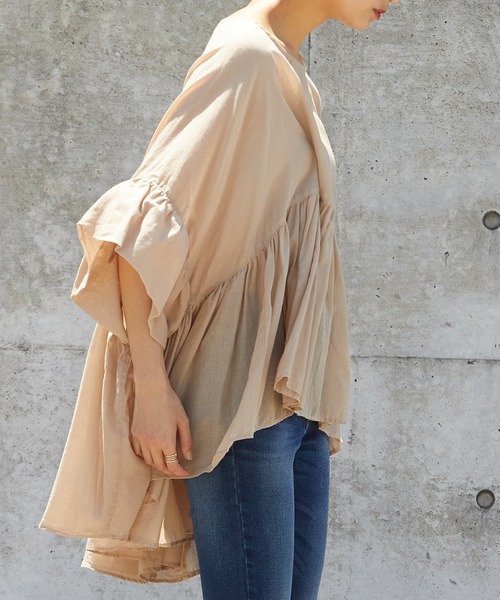 OMNES（オムネス）の「先染め綿麻シャンブレー ギャザーワイドブラウス（シャツ/ブラウス・レディース・ブラック/ベージュ/オフホワイト/ラベンダー・FREE）」の14枚目の写真