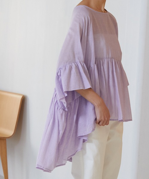 OMNES（オムネス）の「先染め綿麻シャンブレー ギャザーワイドブラウス（シャツ/ブラウス・レディース・ブラック/ベージュ/オフホワイト/ラベンダー・FREE）」の17枚目の写真