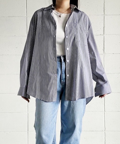 me+em select(ミームセレクト)の「※※【 無地 / ストライプ 】変形バックスリットBIGシャツ(シャツ/ブラウス・レディース・ホワイト/ブラック/ネイビー/グレー/ブラック系その他・FREE)」の8枚目の写真