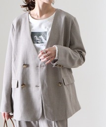 チェックダブルブレストノーカラージャケット