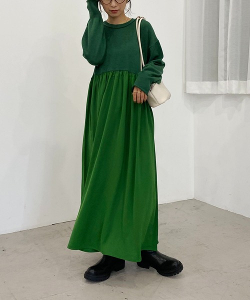 CAPRICIEUX LE'MAGE（カプリシューレマージュ）の「ギャザースカートドッキングワンピース（ワンピース・レディース・ブラック/ベージュ/グリーン・FREE）」の5枚目の写真