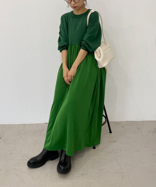 CAPRICIEUX LE'MAGE（カプリシューレマージュ）の「ギャザースカートドッキングワンピース（ワンピース・レディース・ブラック/ベージュ/グリーン・FREE）」の8枚目の写真