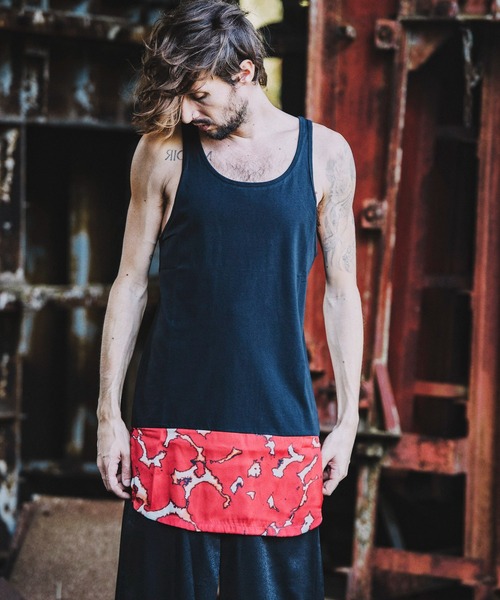 NO ID.（ノーアイディ）の「【NO ID.】Switching Hemline Long Tank Top / スイッチング ヘムライン ロング タンクトップ（タンクトップ・メンズ・ブラック/レッド/グリーン/マスタード・ONE SIZE）」の6枚目の写真