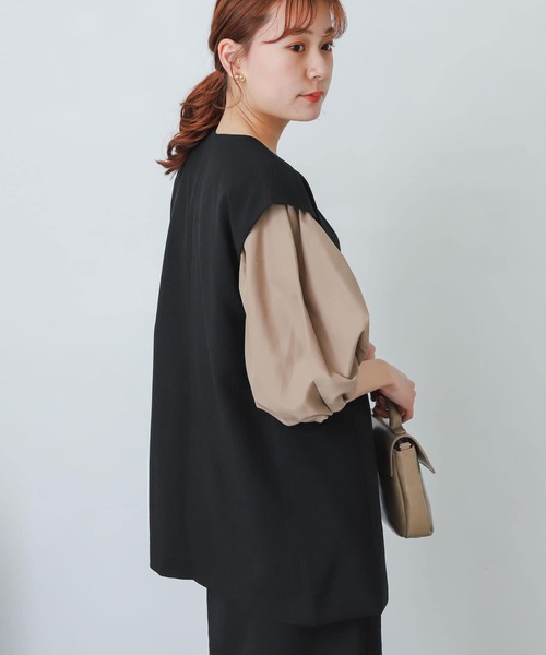 SENSE OF PLACE by URBAN RESEARCH(センスオブプレイスバイアーバンリサーチ)の「リネンライクフレンチスリーブノーカラージレ(その他アウター・レディース・ブラック/ライトベージュ・ONE)」の4枚目の写真