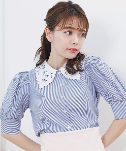 MAJESTIC LEGON(マジェスティックレゴン)の「☆レースカラーパフ袖ブラウス(シャツ/ブラウス・レディース・オフホワイト/ブルー系その他2/ブラック・MEDIUM)」の7枚目の写真