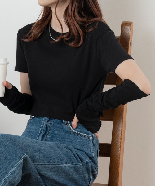 WEGO（ウィゴー）の「WEGO/【2点セット】アームウォーマー付リブT（Tシャツ/カットソー・レディース・ブラック/グリーン系その他・FREE）」の4枚目の写真