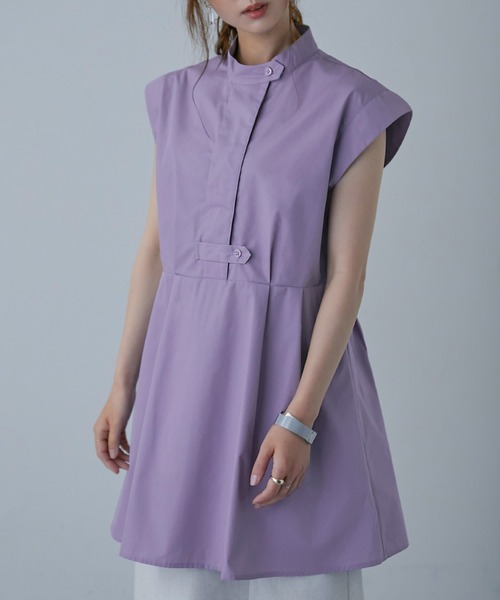 Fashion Letter（ファッションレター）の「スタンドカラー フレンチスリーブシャツ（シャツ/ブラウス・レディース・オフホワイト/パープル/グリーン/ブラック・M）」の4枚目の写真