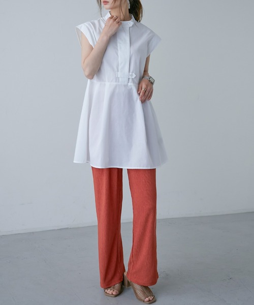 Fashion Letter（ファッションレター）の「スタンドカラー フレンチスリーブシャツ（シャツ/ブラウス・レディース・オフホワイト/パープル/グリーン/ブラック・M）」の5枚目の写真