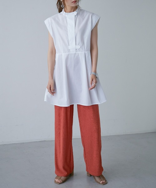 Fashion Letter（ファッションレター）の「スタンドカラー フレンチスリーブシャツ（シャツ/ブラウス・レディース・オフホワイト/パープル/グリーン/ブラック・M）」の20枚目の写真